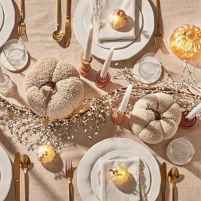 LampLust Plush Pumpkin Decor, Pack of 2, Sand Faux Pumpkins for Thanksgiving Table Centerpiece, Rustic Farmhouse Decor, Fall Halloween Decorations