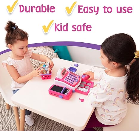 Prextex Cash Register Toy for Kids Pretend Play Set - Grocery Store Electronic Toy - STEM Cash Register for Kids with Microphone, Play Money, and Shopping Cart - Kids Checkout Toys with Scanner- Pink