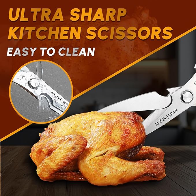 HUUSK Kitchen Scissors Set Silver - Stainless Steel Kitchen Shear, Sharp Meat Scissors Dishwasher Safe, Heavy Duty Poultry Shears, Japanese Cooking Scissor for Food, Chicken Bones, and Turkey
