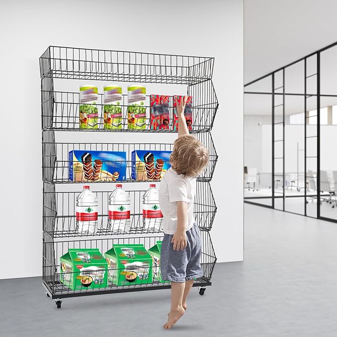 5-Shelf Retail Display, Wire Shelving with Wheels and Hook Heavy-duty Metal Snack Display Organizer, Retail Shelf for Supermarket Grocery Store Home Kitchen