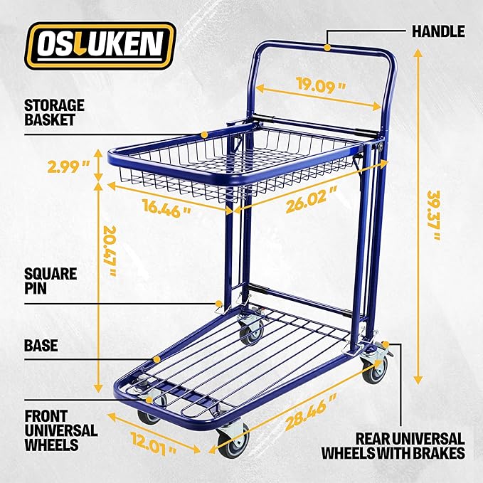 2 in 1 Convertible Metal 2 Tier Heavy Duty Platform Hand Truck | Flatbed Trolley Push Dolly Cart, 700LBS Capacity Folding Grocery Shopping Utility Cart with Telescopic Basket & 4 Swivel Wheels