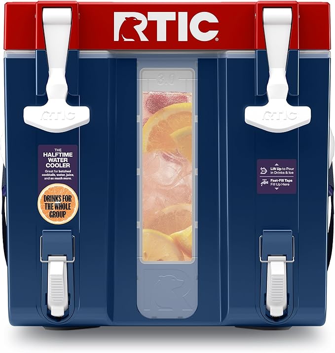 RTIC Halftime Water Cooler Portable Carrier Container, Drink Beverage Dispenser, Stackable with 2 Taps, Bottleless, BPA-Free, for Sports, Camping, BBQ, Parties, Picnic, & More, Patriot