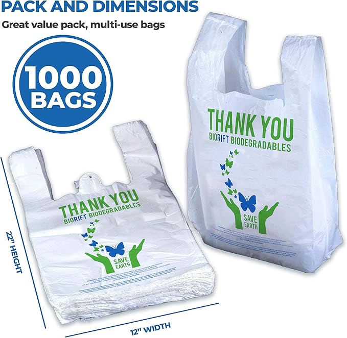 Biodegradable Thank You Bags | 1000 Count - Bulk | Extra Thick, Strong, Recyclable, & Reusable | 100% Biodegradable Shopping Bags, Grocery/Restaurant/Supermarket | 12" x 6.5" x 22" |