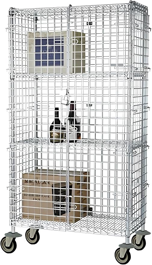 Omega Wire Security Cart Grade NSF Listed Metal Wire Mesh Storage Warehouse Grocery Store Restaurant Chrome Security Cage with 2 Interior Shelves 24" Deep x 48" Wide x 69" High, 1200 LBs Capacity
