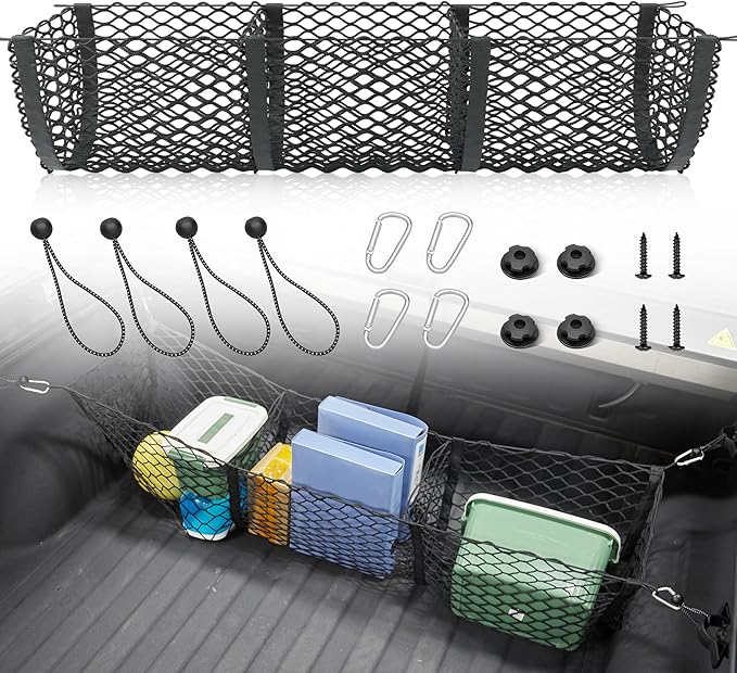 RED WOLF 3 Pocket Truck Bed Cargo Net for Toyota Ford Dodge GMC Chevy Silverado, Universal Pickup Mesh Storage Net 47.2" x 11.8" Stretchable Elastic Truck Bed Grocery Holder Net with 4 Ball Bungees