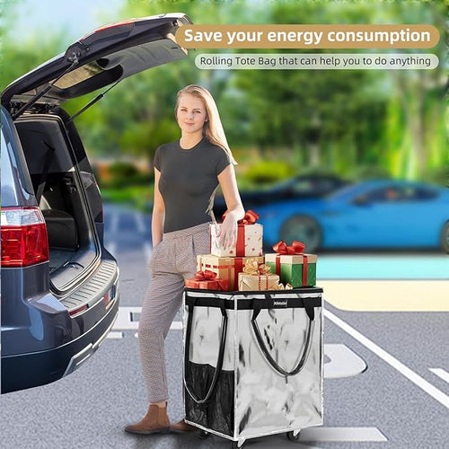 (Large,Silver) Reusable Grocery Bag on Wheels, Foldable Rolling Tote Carries Up to 76lb Shopping Trolley,Rolling Bag with Handles,Zipper Clouser Rolling Tote Bag with Wheels for Trips, Laundry