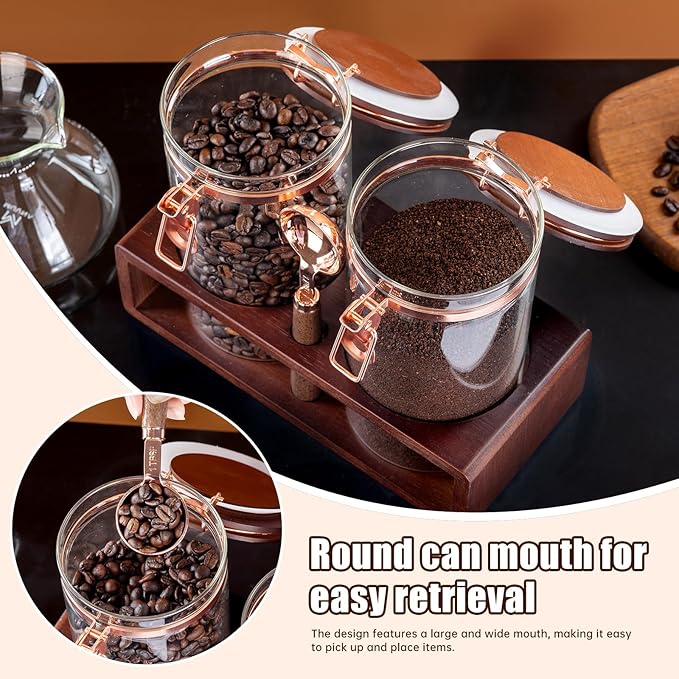 Glass Coffee Container with Wooden Shelf, 2 x 40 FLOZ Coffee Bean Storage with Sealed Closure Clips and Copper Spoon, Kitchen Large Capacity Food Storage Jar, Ground Coffee Container