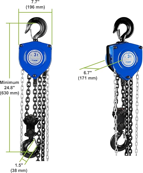 Tractel Tralift 3 Ton Manual Chain Hoist | 6000 lbs Capacity | 10 ft Steel Chain | Industrial-Grade Steel for Construction, Workshops, Garages | Model 19749