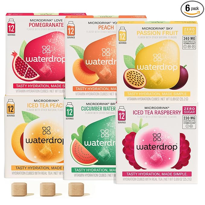 Waterdrop Hydration Cubes With Vitamin C, B Vitamins and Electrolytes, 6 Flavor Electrolyte Variety Pack, Flavored Water Enhancer Cubes for Still & Sparkling Water, Low Calorie, Sugar Free, 72 Count