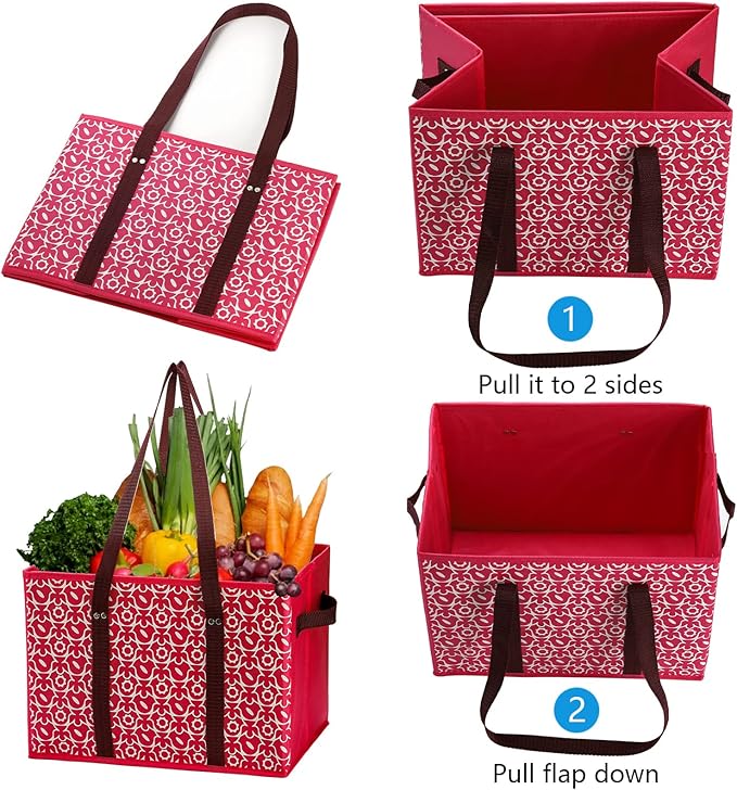 WUWEOT 4 Pack Reusable Grocery Bags, Large Shopping Box Tote, Foldable Washable Storage Bins with Reinforced Bottom Heavy Duty Handles for Fruit Vegetable Clothes Toys and Picnic