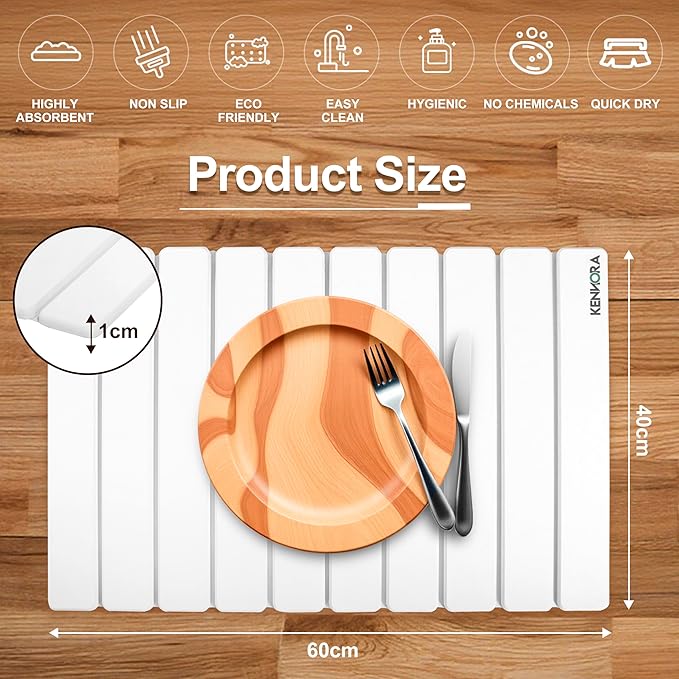 Large Stone Dish Drying Mat for Kitchen Counter, 24"×16", Foldable Quick Dry Stone Mat for Kitchen Sink, Non Slip Quick Drying Diatomaceous Earth For Any Countertop