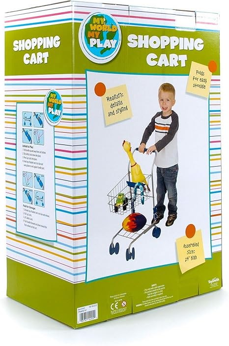 Toysmith Miniature Grocery Shopping Cart – Metal Pretend Trolley for Kids Ages 3+ – Realistic Toy with Sturdy Wheels, Folding Design & Storage – Toddler Role Play Supermarket Accessory, Blue