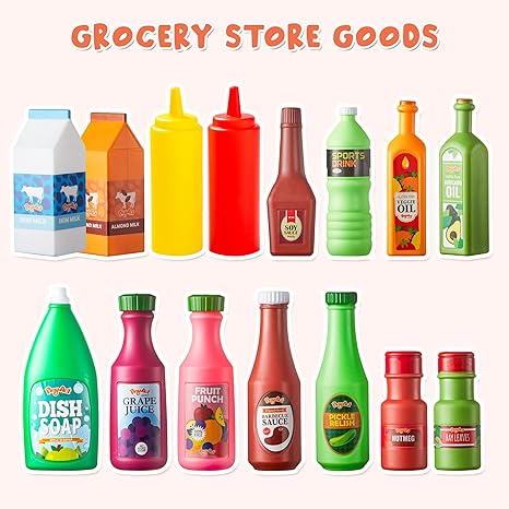 JOYIN 30Pcs Play Food Grocery Cans, Play Kitchen Accessories, Includes Drink, Juice, Jar, Seasoning, Water Bottle, Sauce, Yogurt, Ice Cream, Snack Box, Kids Gifts & Indoor Toys