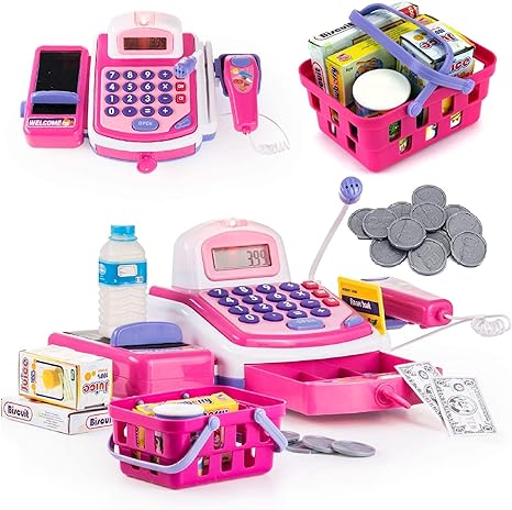 Prextex Cash Register Toy for Kids Pretend Play Set - Grocery Store Electronic Toy - STEM Cash Register for Kids with Microphone, Play Money, and Shopping Cart - Kids Checkout Toys with Scanner- Pink