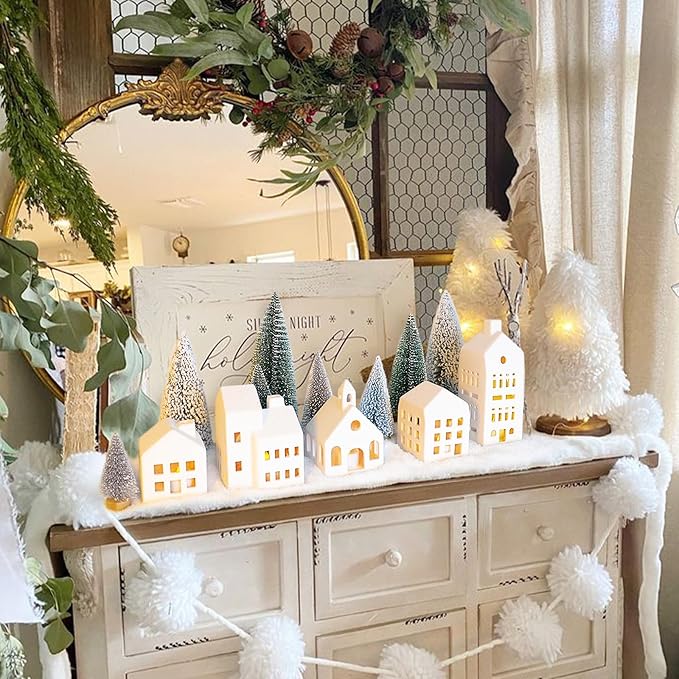 Christmas Decorations - Christmas Village Sets of 5 Lighted Ceramic Houses with Remote Control & 9 Trees - Indoor White Xmas Holiday Rustic Unique Decor for Home Table Room Farmhouse Decoration