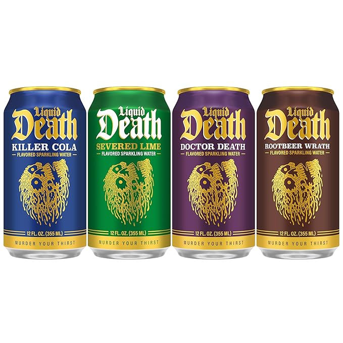 Liquid Death, Soda-Flavored Sparkling Water Variety Pack, 12-Pack (12oz Cans), Low Sugar, Huge Flavor & No Artificial Sweeteners, 4 Flavors: Severed Lime, Doctor Death, Killer Cola, and Rootbeer Wrath