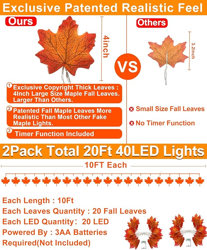TURNMEON 2 Pack Thanksgiving Decorations Enlarged Maples Leafed Lights Total 20Ft 40LED Fall Decorations for Home, Battery Operated Autumn Garland Waterproof Indoor Outdoor Holiday Christmas Halloween