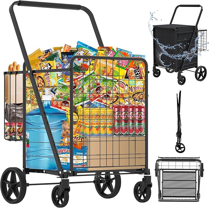 Heavy Duty Folding Shopping Cart with 360° Swivel Wheels, Waterproof Bag, Jumbo Utility Carts for Grocery, Laundry, Holds Up to 440 LBS, 37.5 Gallon