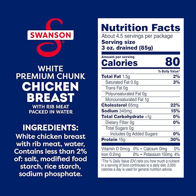 Swanson White Premium Chunk Chicken Breast with Rib Meat in Water, 12.5 oz. (Pack of 2)