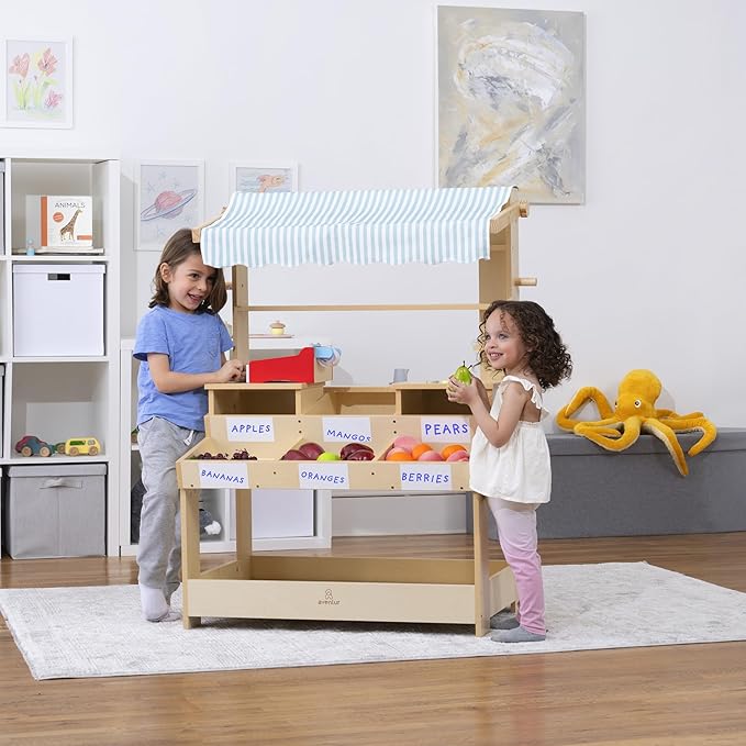 Cypress Wooden Market Stand for Kids - Pretend Play Grocery Store with Awning, Storage Bins, Dry Erase Stickers, Durable Wood Construction, Easy Assembly, Role-Playing Toy