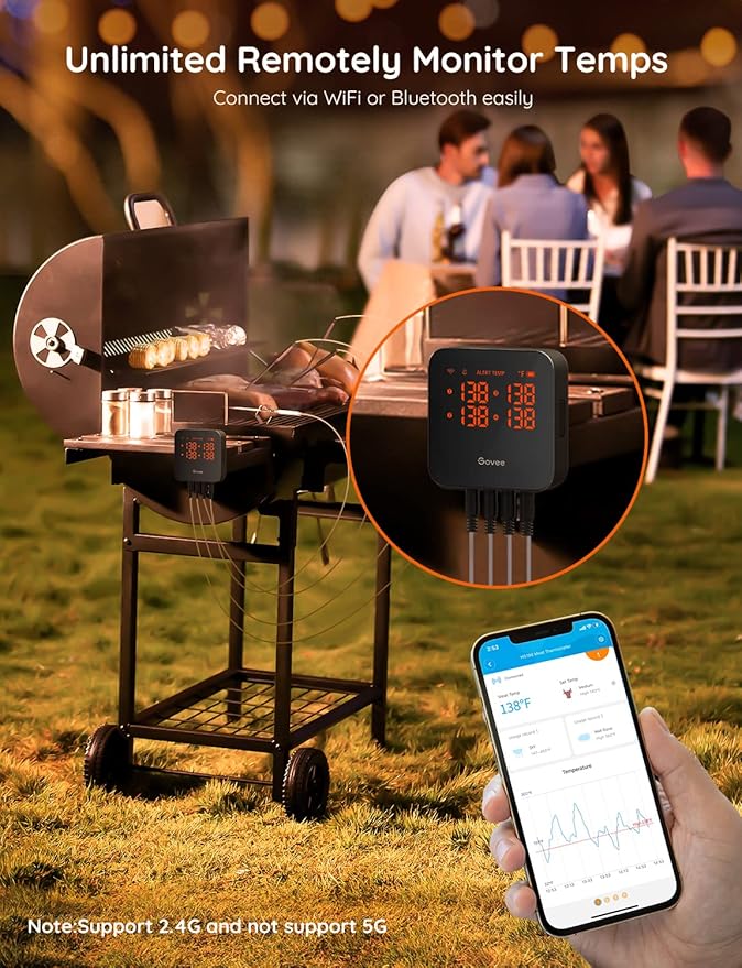 Govee Wireless Meat Thermometer with 4 Probe, Smart WiFi Meat Thermometer with Unlimited Range App Notification Alert, Digital Rechargeable Bluetooth Food Thermometer for Smoker BBQ Grill Oven Kitchen