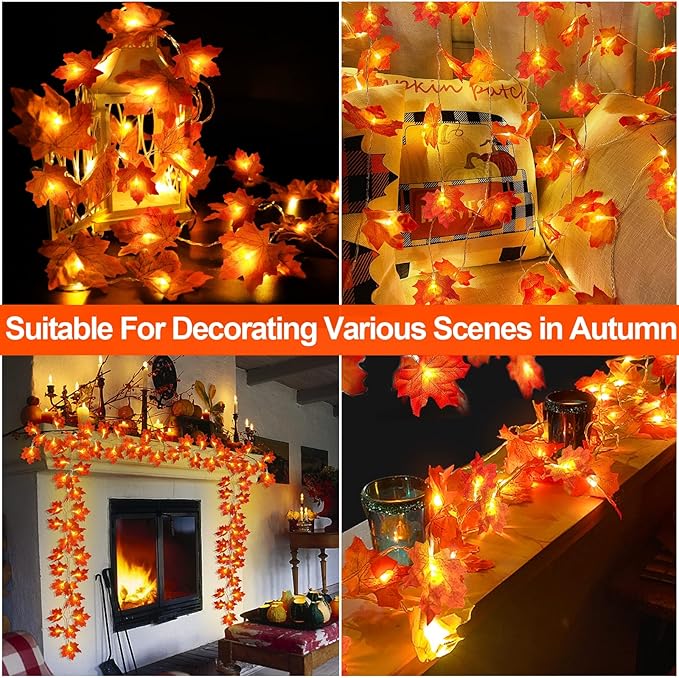 TURNMEON 2 Pack Thanksgiving Decorations Enlarged Maples Leafed Lights Total 20Ft 40LED Fall Decorations for Home, Battery Operated Autumn Garland Waterproof Indoor Outdoor Holiday Christmas Halloween