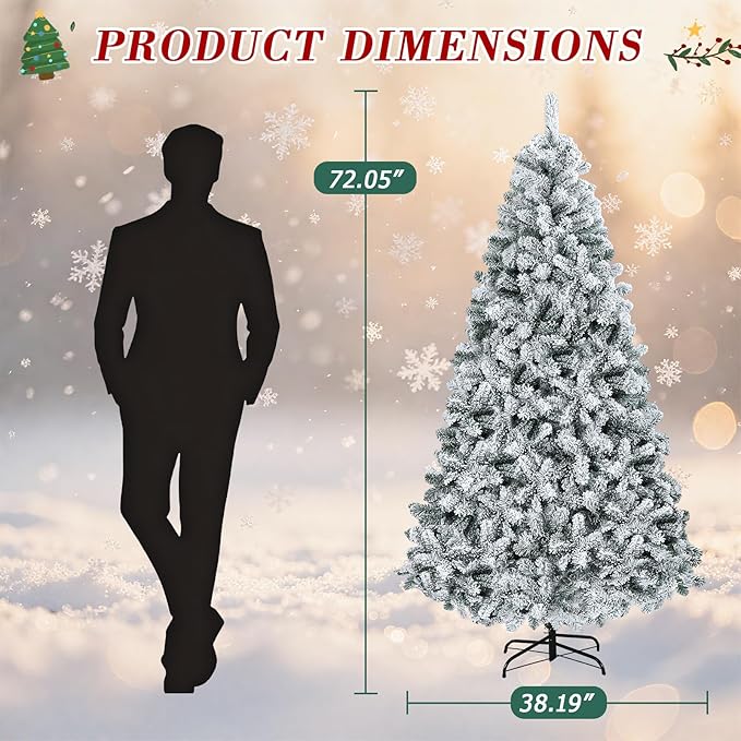 6ft Snow Flocked Artificial Christmas Tree with 760 Tips, Foldable Base, Hinged Branches, Flame-Resistant PVC for Home, Party Decoration