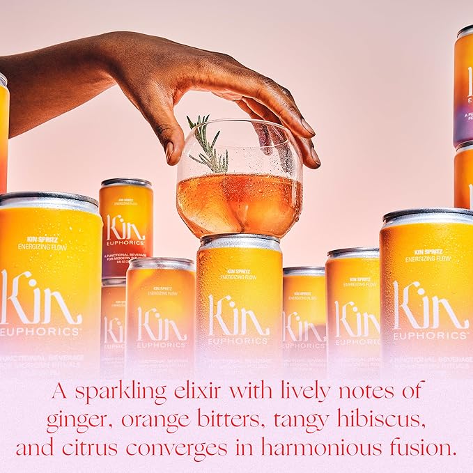 Kin Euphorics Kin Spritz Non-Alcoholic Functional Beverage | Invigorating Booster | Adaptogen & Nootropic Drink | Rhodiola Rosea, 5-HTP, GABA | Ready to Drink | 8 Fl Oz (16pk)
