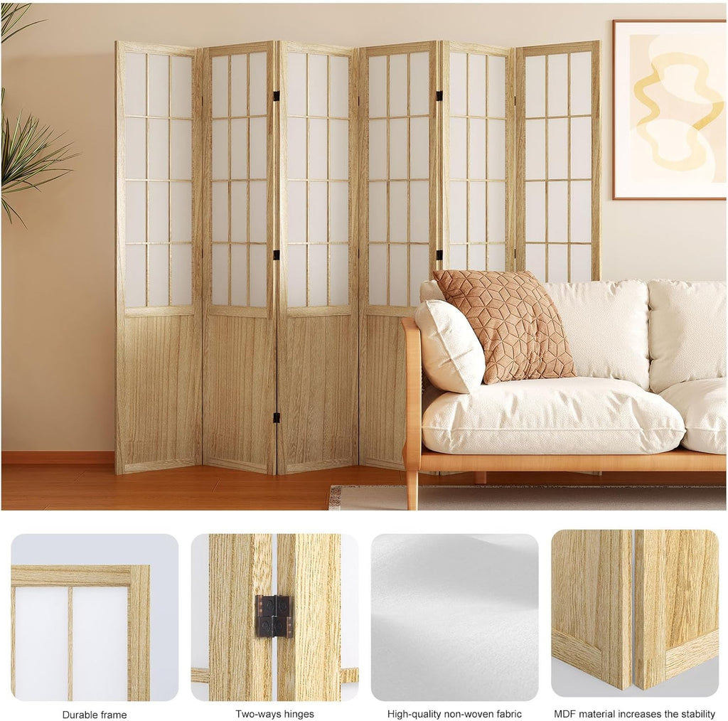 Room Divider, 66.9Inch Tall Japanese Shoji Style Folding Wood Screen with Double Hinges for Home Office Bedroom Hotel Decoration (6Panels, Natural)