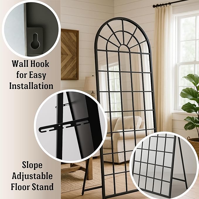 70x30Inch Large Arched Window Pane Mirror| Black Arched Mirrors for Wall & Floor | Arch Mirror Full Length for Entryway Living Room & Bedroom | Oversized Mirrors | Wall Art Decorative |Farmhouse Décor