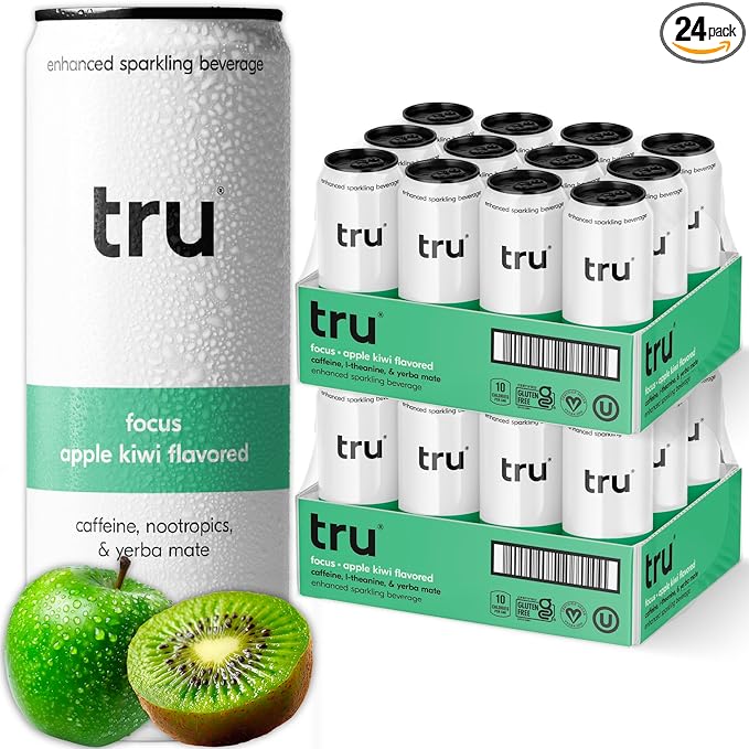 Tru Focus Seltzer, Apple Kiwi Flavored Sparkling Water Made with Real Fruit Juice - Nootropic Drink plus Yerba Mate Extract - Natural Caffeine, Kosher, GF, No Added Sugar Beverages, 12oz (Pack of 24)