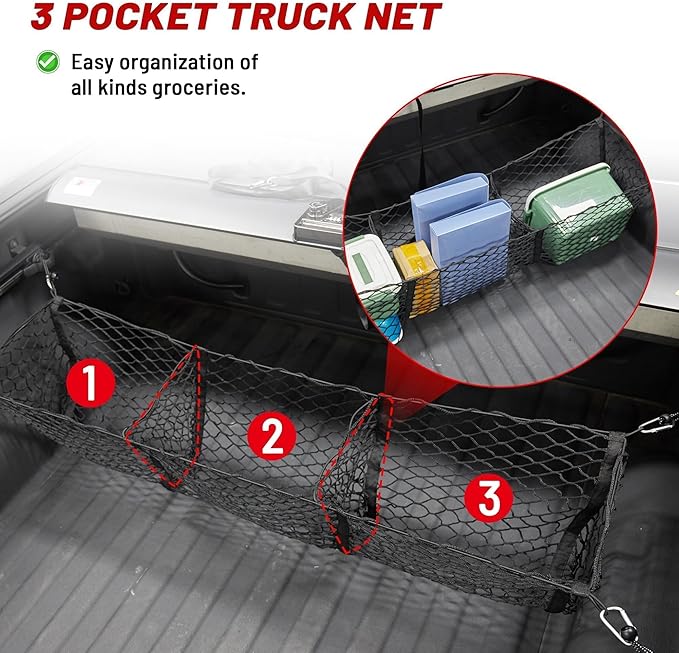 RED WOLF 3 Pocket Truck Bed Cargo Net for Toyota Ford Dodge GMC Chevy Silverado, Universal Pickup Mesh Storage Net 47.2" x 11.8" Stretchable Elastic Truck Bed Grocery Holder Net with 4 Ball Bungees