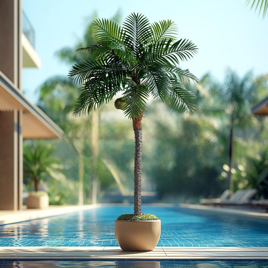 8.2FT Artificial Phoenix Palm Tree with Coconut Fruit Outdoor Indoor Decor Large Faux Coconut Silk Palm Tree Tropical Fake Tree Large Faux Sago Palm Plant for Home Yard Outside Patio Poolside
