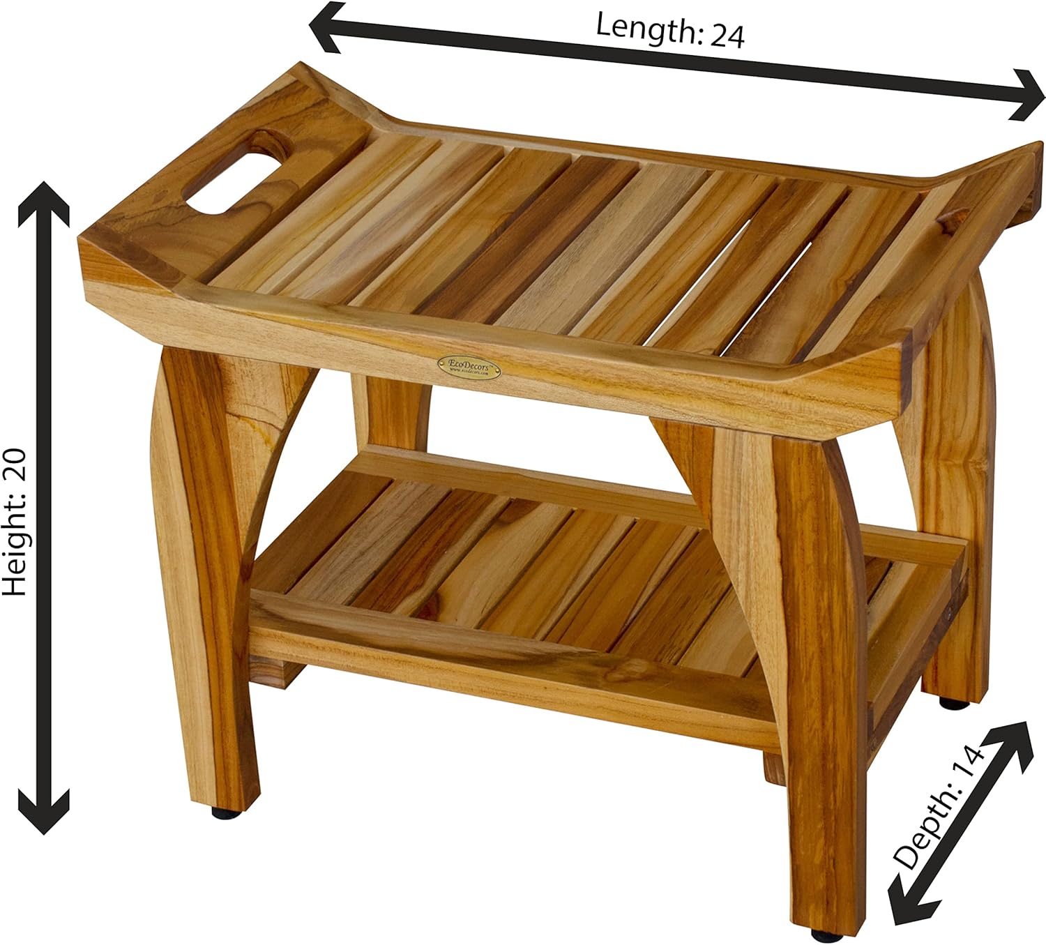 EcoDecors 24 Inch Tranquility Natural Color Waterproof Teak Wood Shower Bench Stool Seat Chair For Inside Shower Storage Shelf Provides Safety, Storage, and Organization For Bathroom Accessories