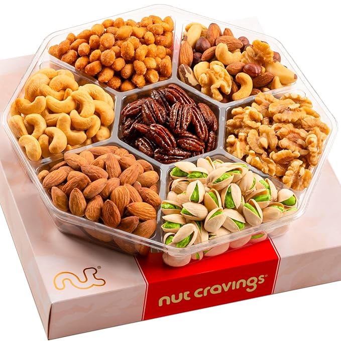 NUT CRAVINGS - Diwali Mixed Nuts Gift Basket in Red Gold Box (7 Assortments, 1 LB) Food Arrangement, Healthy Snack Care Package, Food Assortments