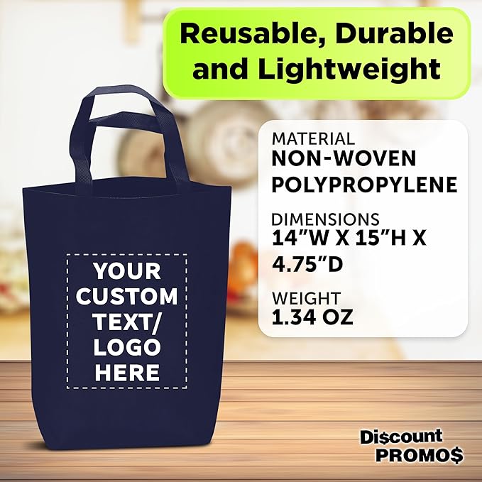 DISCOUNT PROMOS Large Reusable Heavy Duty Tote Bag Set of 10/50/100, Personalized Bulk Pack