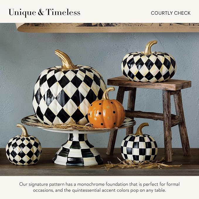 MACKENZIE-CHILDS Mini Decorative Pumpkin for Fall Decor, Autumn Decorations for Home, Courtly Check Black-and-White