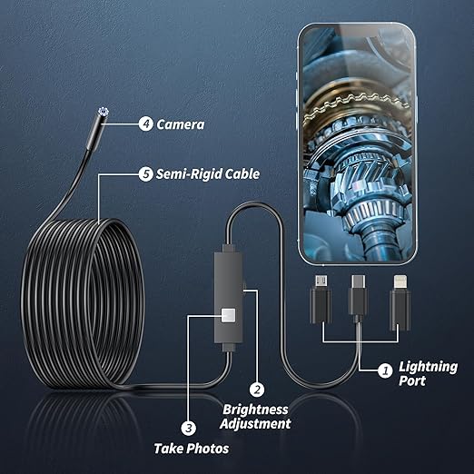 Endoscope Camera with Light,1920P HD Borescope Tools with 8 Adjustable LED Lights, Endoscope with Semi-Rigid Snake Camera, Inspection Borescope for iOS and Android-16.4ft Single Lens