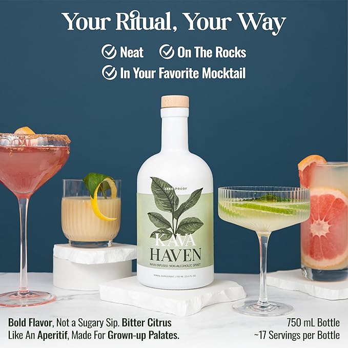 Kava Haven Non Alcoholic Spirit, 750mL Bottle | Kava Kava Drink | Non Alcohol Alternative Spirit for Mixed Drink Recipes | Low Calorie | All Natural | - Lemon Ginger Flavor (17 Servings)