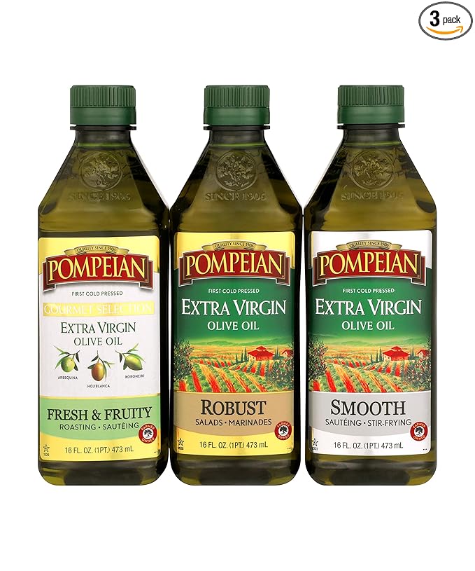 Pompeian Extra Virgin Olive Oil Variety Pack - Smooth EVOO, Gourmet Selection EVOO, Robust EVOO, Contains Polyphenols, First Cold Pressed, 16 Fl Oz, Pack of 3