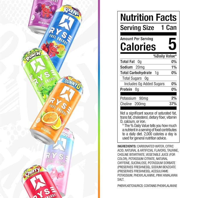 RYSE Fuel Energy Drink - Variety Pack - Sugar Free, Gluten Free & Vegan - 200mg Natural Caffeine, Taurine & Choline for Focus & Energy - No Artificial Colors - 16 fl oz Cans (12-Pack)
