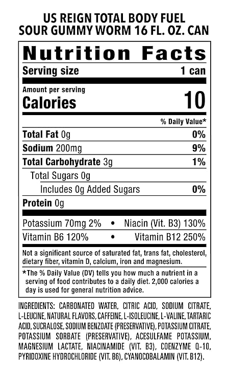 Reign Total Body Fuel, Sour Gummy Worm, Fitness & Performance Drink, 16 Fl Oz (Pack of 12)