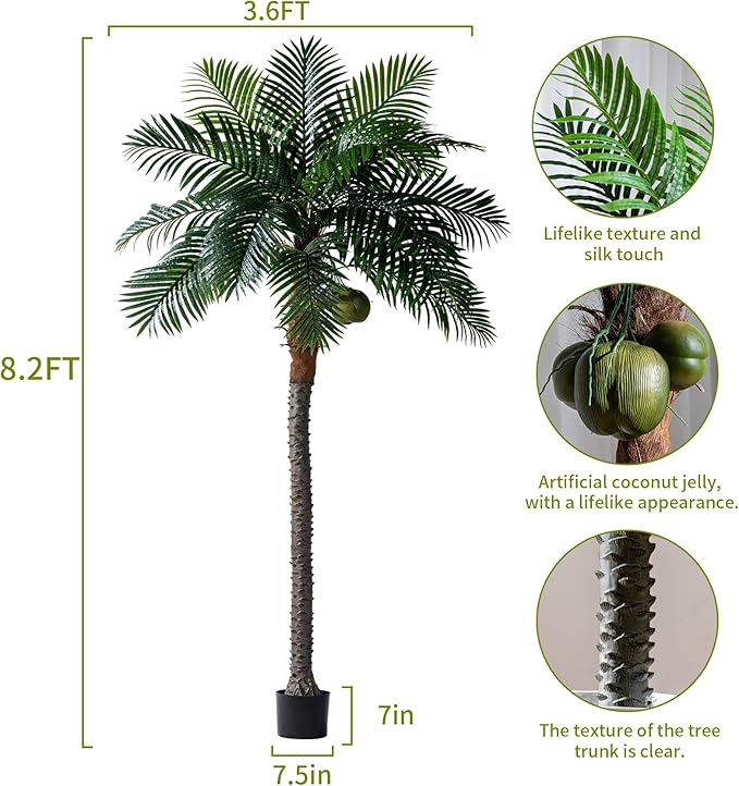 8.2FT Artificial Phoenix Palm Tree with Coconut Fruit Outdoor Indoor Decor Large Faux Coconut Silk Palm Tree Tropical Fake Tree Large Faux Sago Palm Plant for Home Yard Outside Patio Poolside