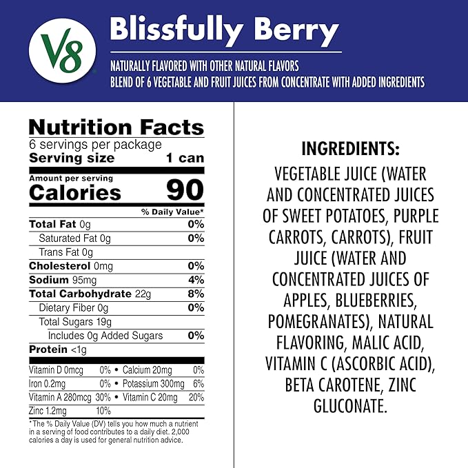 V8 Blissfully Berry 100% Fruit and Vegetable Juice, 8 fl oz Can (24 Pack)