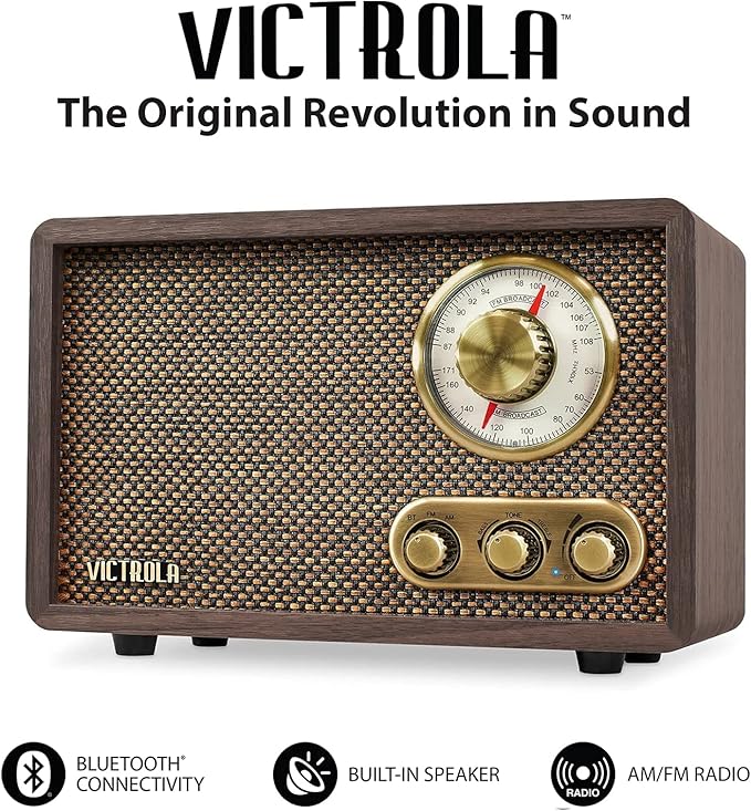 Victrola Willow – Retro Wood Bluetooth Radio with Built-in Speakers: Elegant & Vintage Design, Rotary AM/FM Tuning Dial, Bass & Treble Control, Wireless Streaming (Espresso)