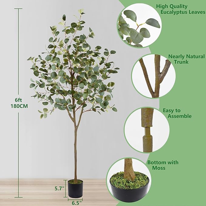 Artificial Eucalyptus Tree, 6ft Tall Fake Eucalyptus Plant with Basket, Green Silver Dollars Silk Leaves Faux Tree for Home Office Livingroom Floor Decor Indoor