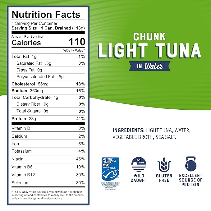 Bumble Bee Chunk Light Tuna In Water, 5 oz Cans (Pack of 24) - Wild Caught Skipjack Tuna - 23g Protein Per Serving - MSC Certified Sustainable Seafood, Non-GMO, Gluten Free, Kosher