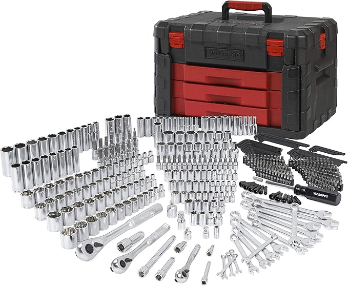 WORKPRO 450-Piece Drive Socket Set 1/2" 1/4" 3/8", CR-V Metric and Imperial with Quick-Release Ratchet Wrench, Spanners, Bits Set, Mechanics Tool for Car Repair