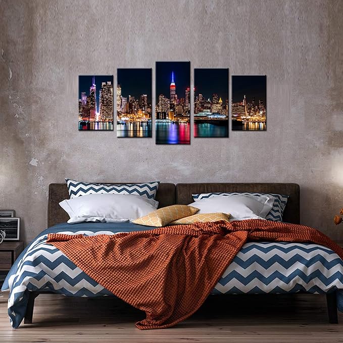 Biuteawal - New York City Canvas Wall Art Manhattan Skyline at Night Picture Prints Modern Home Office Wall Decoration Stretched Ready to Hang