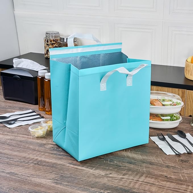 Restaurantware Insulated Take Away Bags 100 Pack Of Reusable Grocery Shopping Bags With Handle Foldable Waterproof Cooler Delivery Carriers For Work Camping Restaurants Coffee Seafood Milk Tea